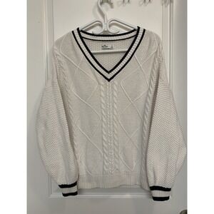 Hollister Women's Small V-Neck Varsity Cricket Sweater White Navy Tennis Prep